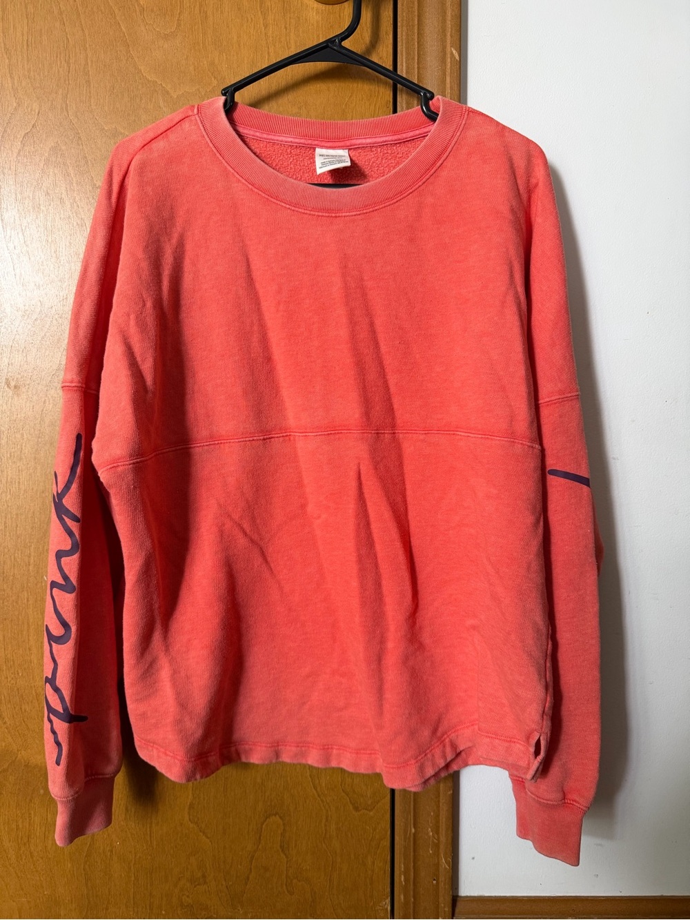 Victoria’s Secret PINK Coral Crewneck Sweatshirt with Purple PINK Script Sleeve